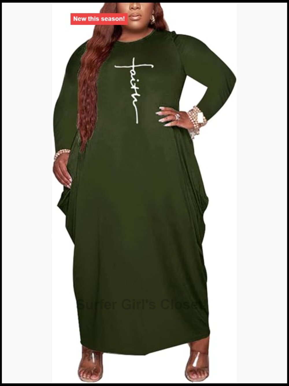 Plus Size Maxi Dress Long Sleeve Loose Graphic Print Tunic Dress with Pockets